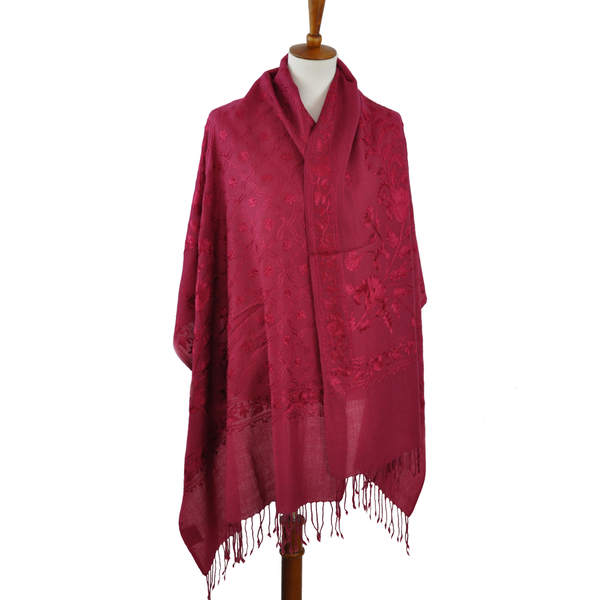 Wine Red Wool Shawl with Wine Embroidery from India - Bharat Artisans