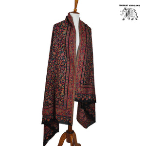 Kani Jamawar Woven Paisley Floral Stole With Red Boarder - Bharat Artisans
