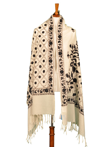 Ari  Wool Shawl with Wine Embroidery from India